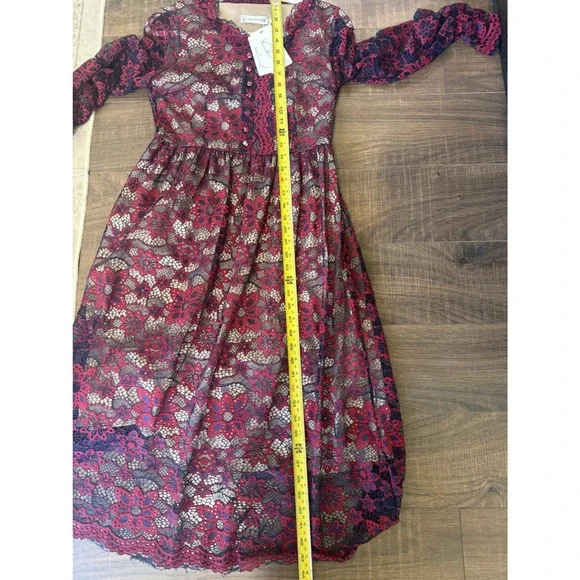Xingchenkaiyi Red Navy Floral Lace A Line Midi Dress Long Sleeve US 6 L - Picture 7 of 7